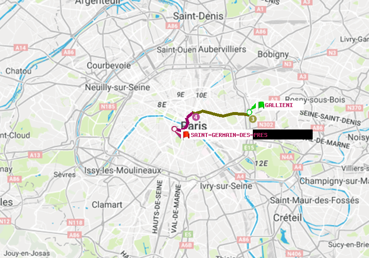 plan itinéraire ratp de Gallieni (Parc de Bagnolet) à Saint-Germain des Prés