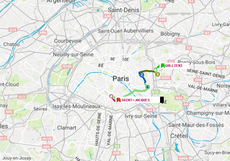 plan itinéraire ratp de Gallieni (Parc de Bagnolet) à Saint-Jacques
