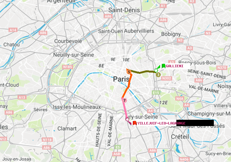plan itinéraire ratp de Gallieni (Parc de Bagnolet) à Villejuif-Léo Lagrange