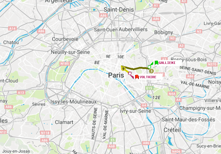 plan itinéraire ratp de Gallieni (Parc de Bagnolet) à Voltaire (Léon Blum)