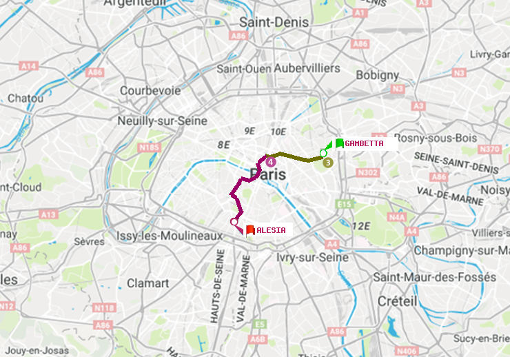 plan itinéraire ratp de Gambetta à Alésia