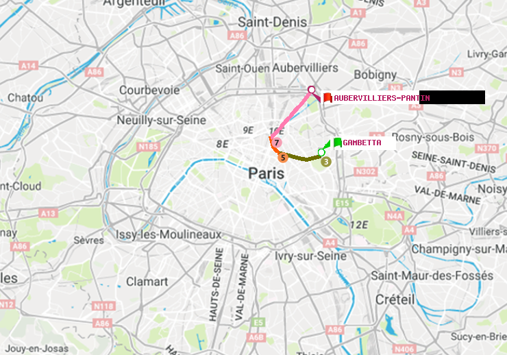plan itinéraire ratp de Gambetta à Aubervilliers Pantin (4 Chemins)
