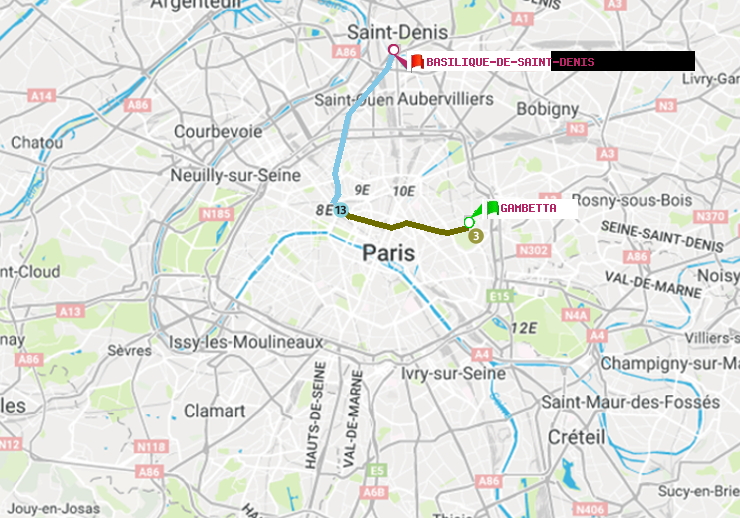 plan itinéraire ratp de Gambetta à Basilique de Saint-Denis