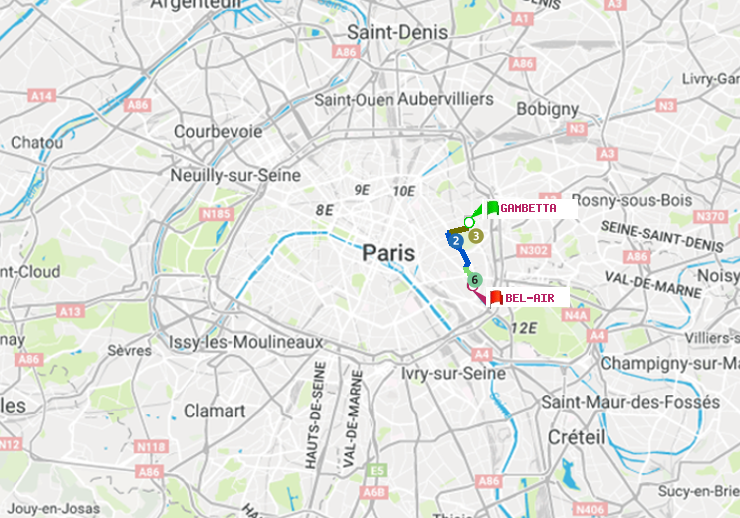 plan itinéraire ratp de Gambetta à Bel-Air
