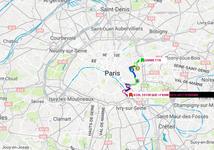 plan itinéraire ratp de Gambetta à Bibliotheque-Francois Mitterrand