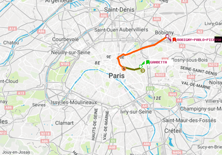 plan itinéraire ratp de Gambetta à Bobigny-Pablo-Picasso