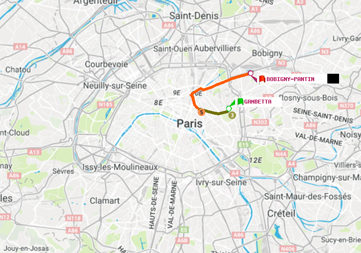 plan itinéraire ratp de Gambetta à Bobigny-Pantin (Raymond Queneau)