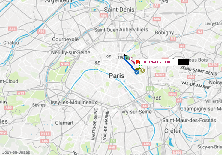 plan itinéraire ratp de Gambetta à Buttes-Chaumont