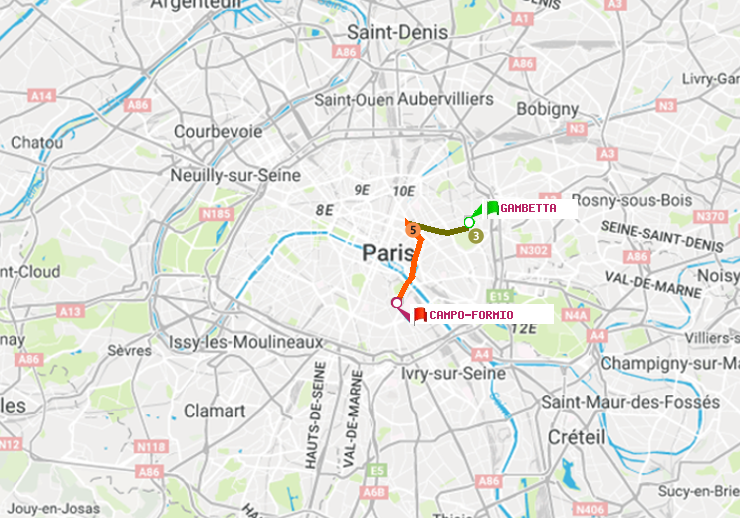 plan itinéraire ratp de Gambetta à Campo-Formio