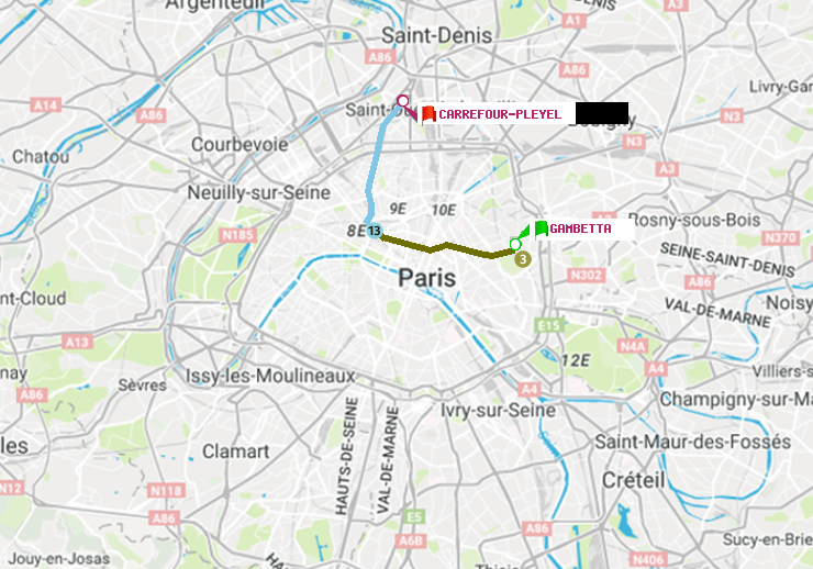 plan itinéraire ratp de Gambetta à Carrefour-Pleyel