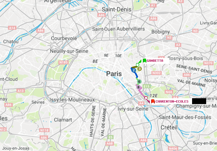 plan itinéraire ratp de Gambetta à Charenton-Ecoles