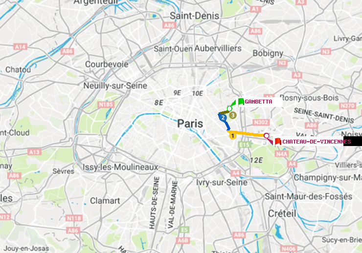 plan itinéraire ratp de Gambetta à Château de Vincennes