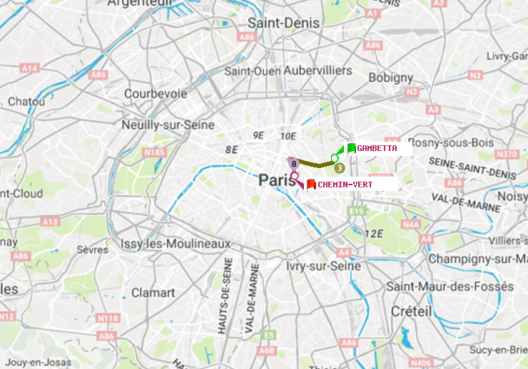 plan itinéraire ratp de Gambetta à Chemin Vert