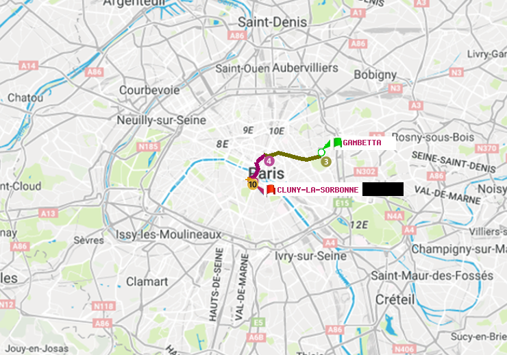 plan itinéraire ratp de Gambetta à Cluny-La Sorbonne
