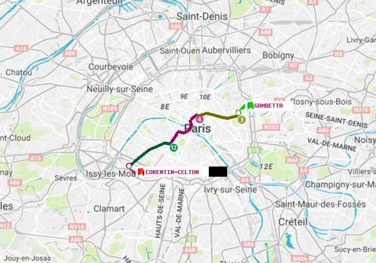 plan itinéraire ratp de Gambetta à Corentin-Celton