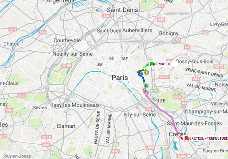 plan itinéraire ratp de Gambetta à Créteil-Préfecture (Hôtel de Ville)