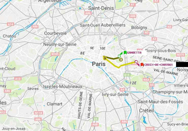 plan itinéraire ratp de Gambetta à Croix-de-Chavaux (Jacques Duclos)