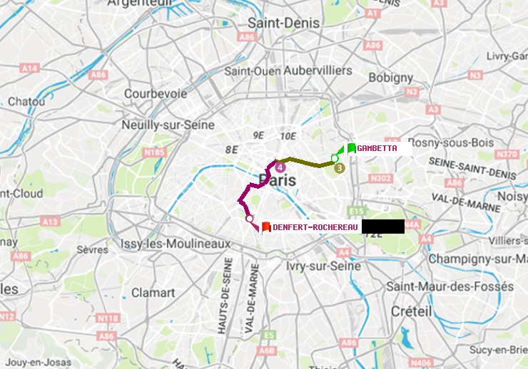 plan itinéraire ratp de Gambetta à Denfert-Rochereau