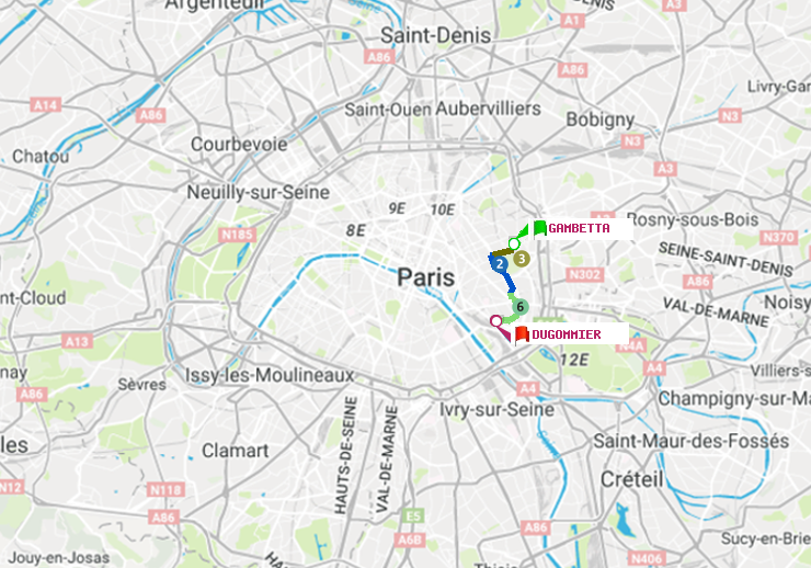 plan itinéraire ratp de Gambetta à Dugommier