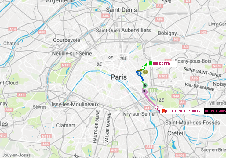 plan itinéraire ratp de Gambetta à Ecole Vétérinaire de Maisons-Alfort