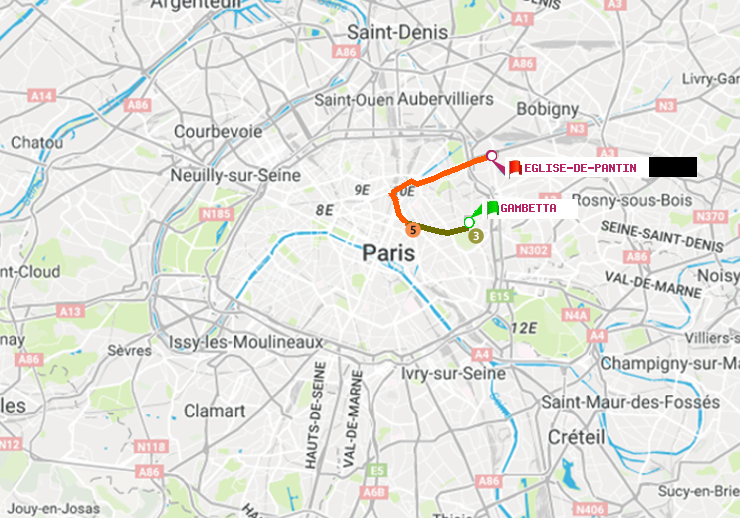 plan itinéraire ratp de Gambetta à Eglise de Pantin