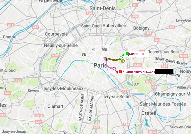 plan itinéraire ratp de Gambetta à Faidherbe-Chaligny