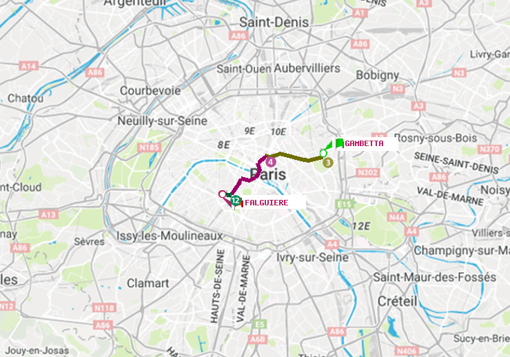 plan itinéraire ratp de Gambetta à Falguière