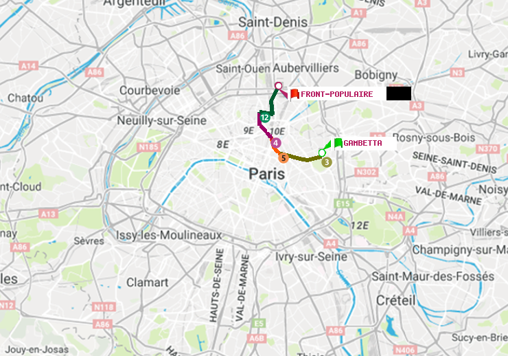plan itinéraire ratp de Gambetta à Front Populaire