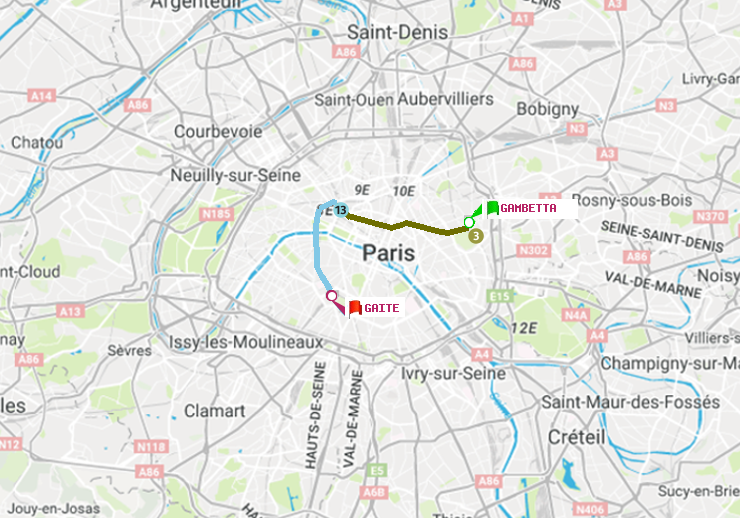 plan itinéraire ratp de Gambetta à Gaité