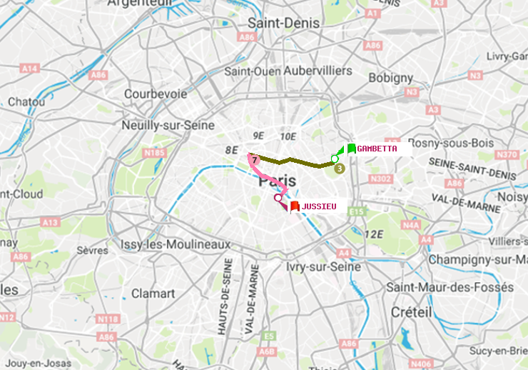 plan itinéraire ratp de Gambetta à Jussieu