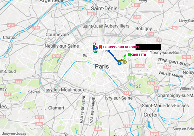 plan itinéraire ratp de Gambetta à Lamarck-Caulaincourt