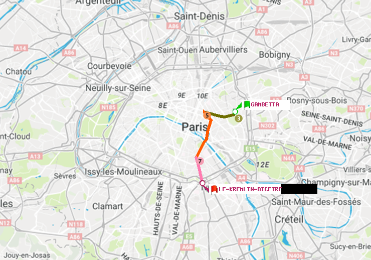 plan itinéraire ratp de Gambetta à Le Kremlin-Bicêtre