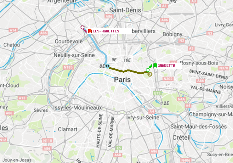 plan itinéraire ratp de Gambetta à Les Agnettes