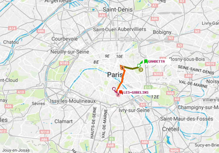 plan itinéraire ratp de Gambetta à Les Gobelins