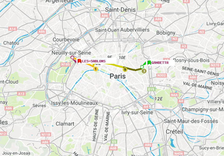 plan itinéraire ratp de Gambetta à Les Sablons (Jardin d