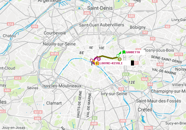 plan itinéraire ratp de Gambetta à Louvre-Rivoli