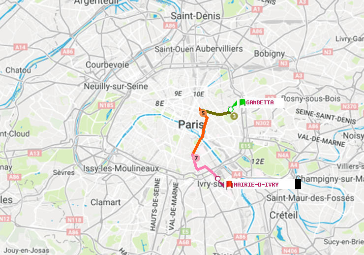 plan itinéraire ratp de Gambetta à Mairie d