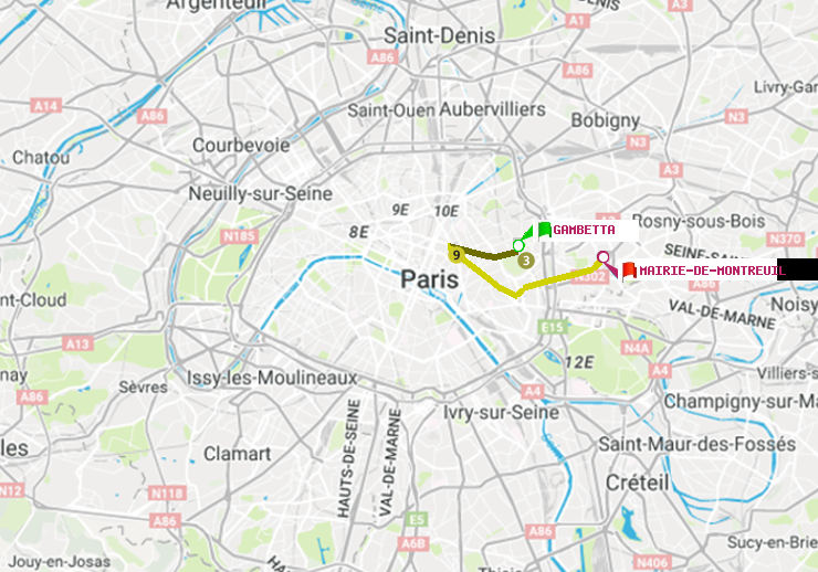 plan itinéraire ratp de Gambetta à Mairie de Montreuil
