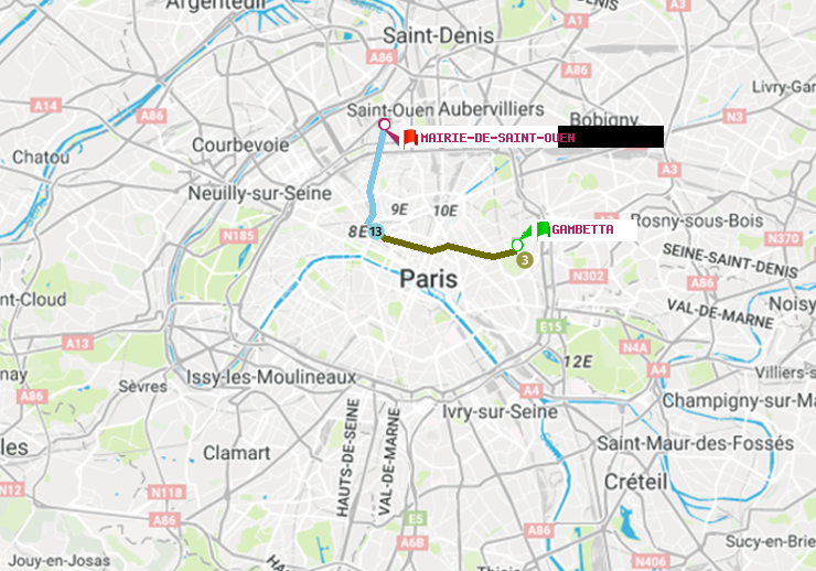 plan itinéraire ratp de Gambetta à Mairie de Saint-Ouen