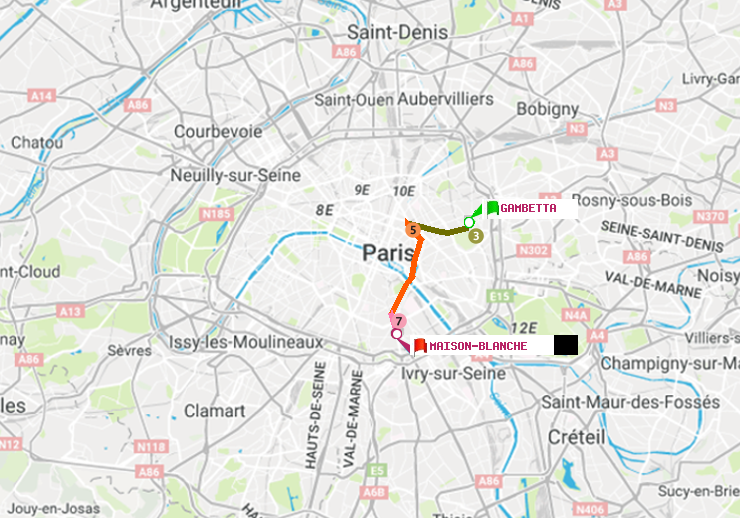 plan itinéraire ratp de Gambetta à Maison Blanche