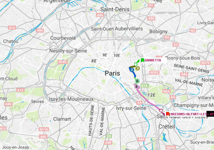 plan itinéraire ratp de Gambetta à Maisons-Alfort-Les Juilliottes