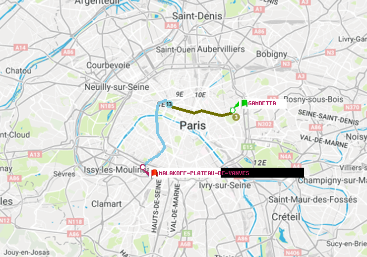 plan itinéraire ratp de Gambetta à Malakoff-Plateau de Vanves