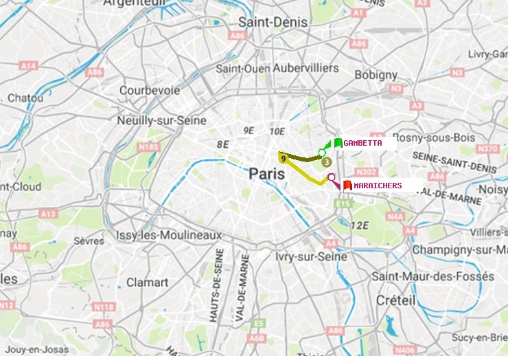 plan itinéraire ratp de Gambetta à Maraichers