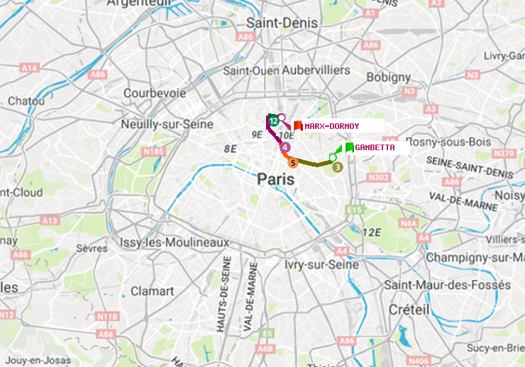 plan itinéraire ratp de Gambetta à Marx-Dormoy