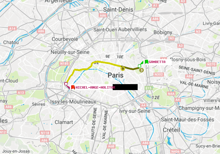 plan itinéraire ratp de Gambetta à Michel-Ange-Molitor