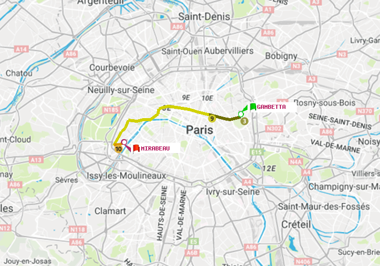 plan itinéraire ratp de Gambetta à Mirabeau
