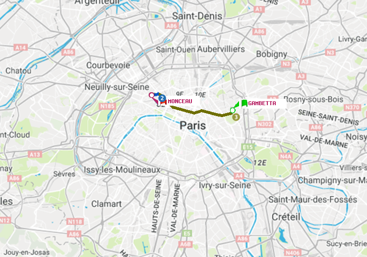 plan itinéraire ratp de Gambetta à Monceau