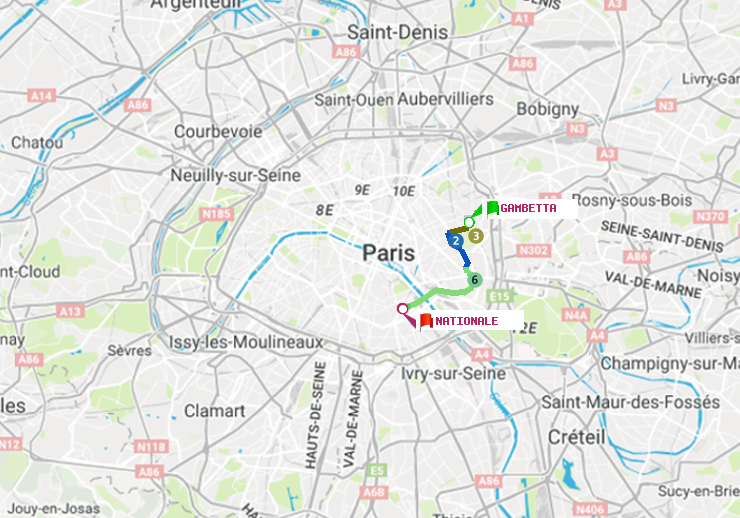plan itinéraire ratp de Gambetta à Nationale