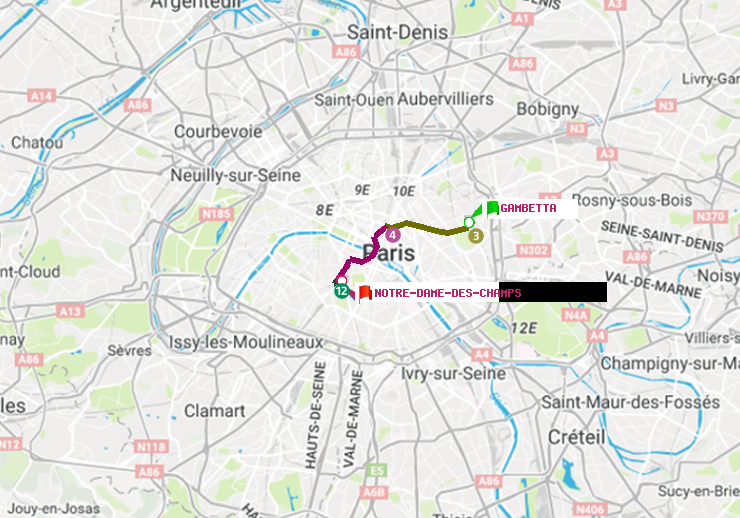 plan itinéraire ratp de Gambetta à Notre-Dame des Champs