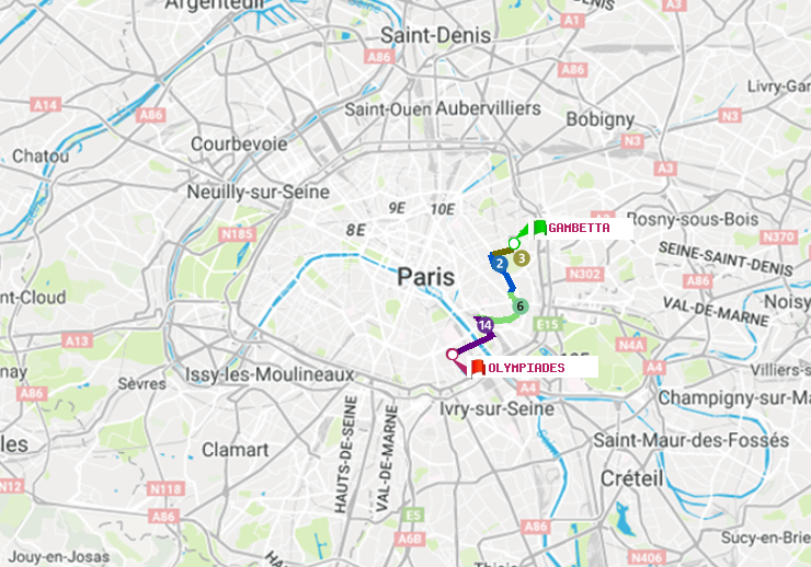 plan itinéraire ratp de Gambetta à Olympiades